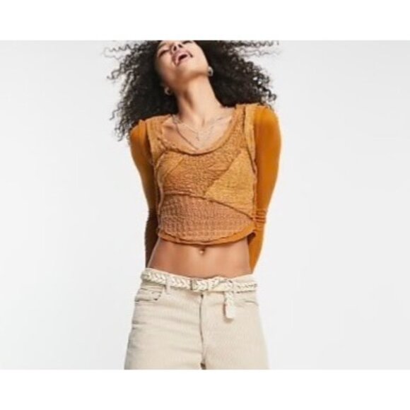 Free People Tops - FREE PEOPLE Taylor Top Sz M Gold-Brown Lace Panel Rib Raglan Sleeve Cotton Blend